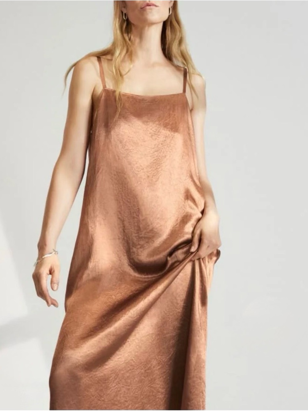 Everlane Satin Square Neck Slip Tank Dress Maxi  Carob Brown Sleeveless Size 12